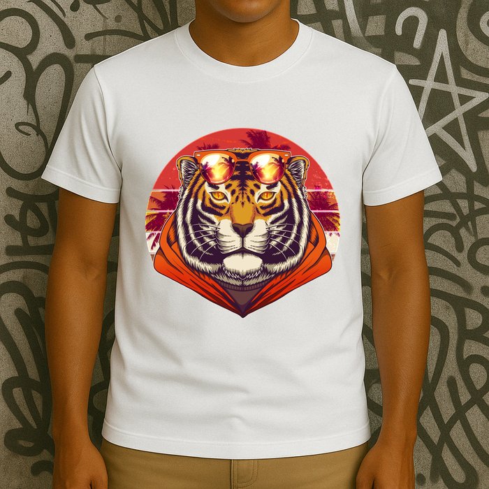 Retro Tropical Palm Tree Hipster Tiger T-Shirt