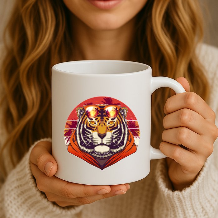 Retro Tropical Palm Tree Hipster Tiger Mug