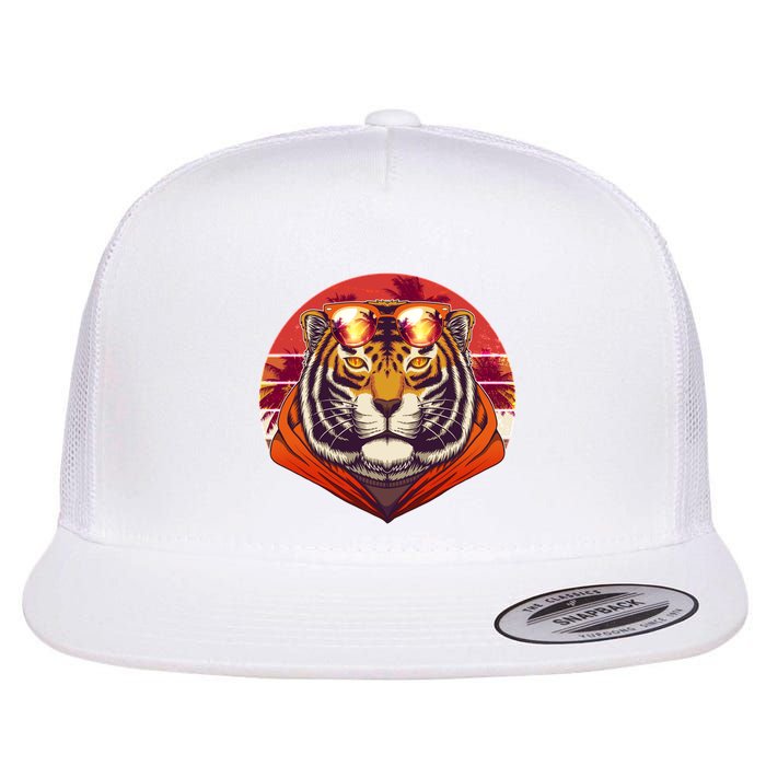 Retro Tropical Palm Tree Hipster Tiger Flat Bill Trucker Hat