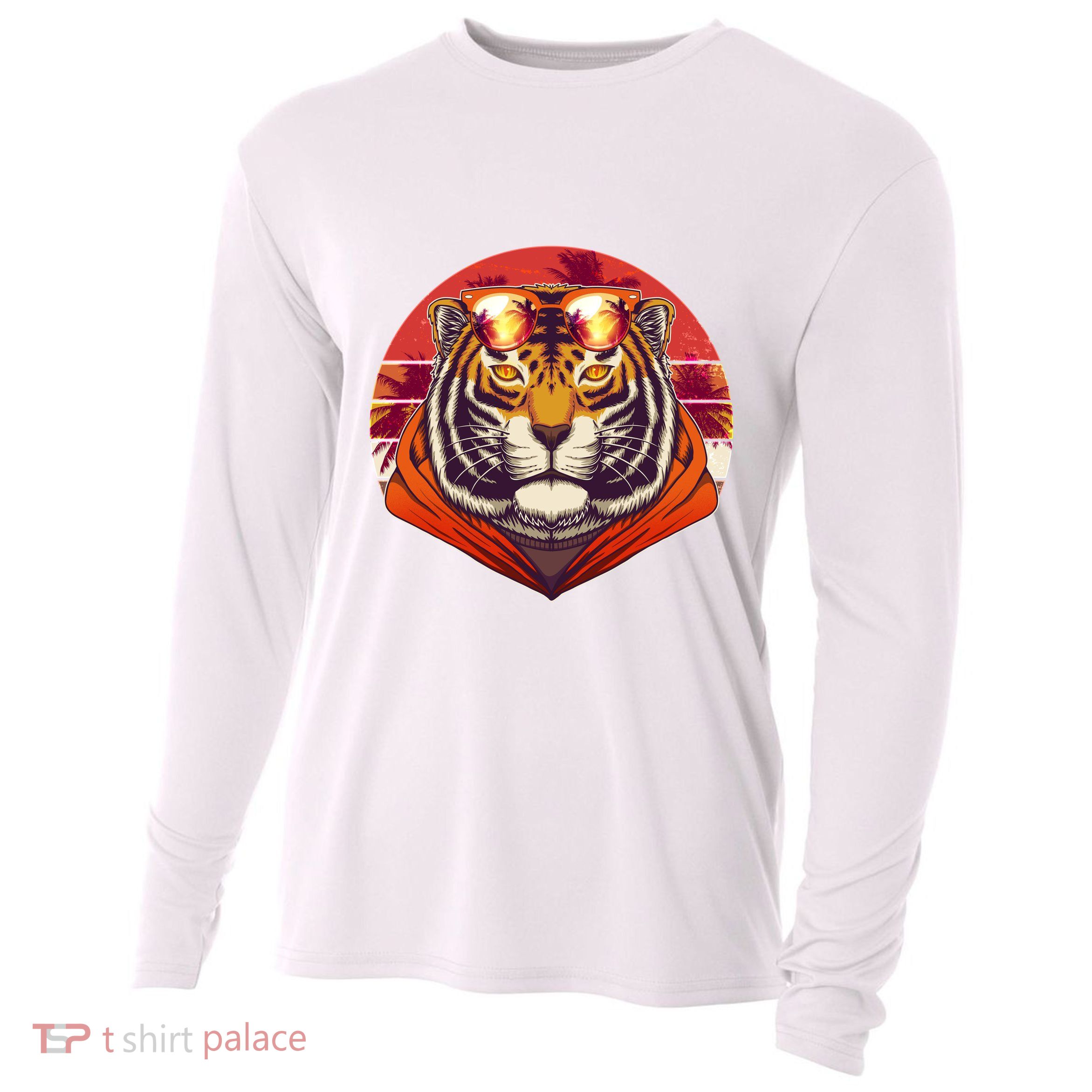 Retro Tropical Palm Tree Hipster Tiger Cooling Performance Long Sleeve Crew