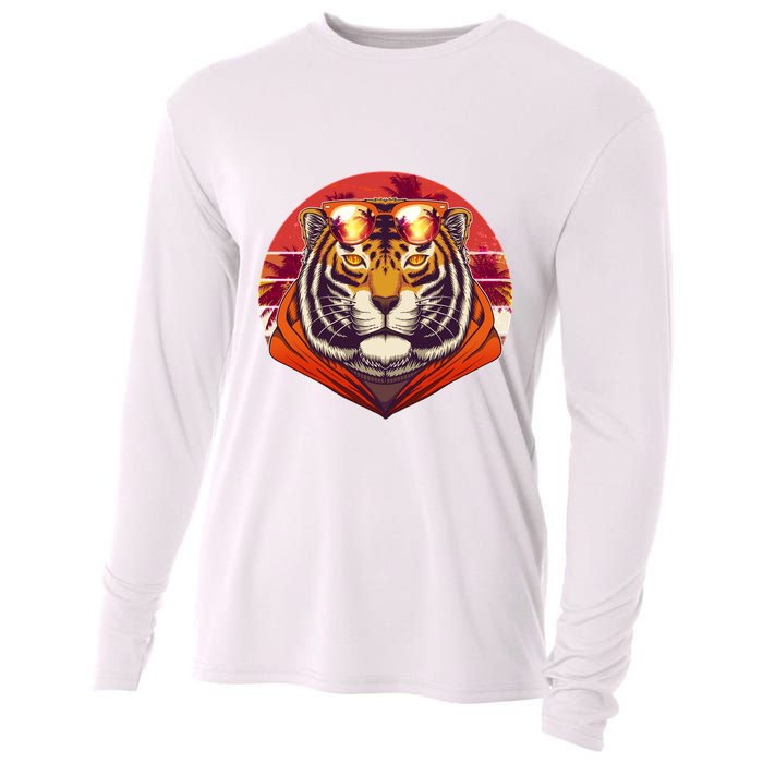 Retro Tropical Palm Tree Hipster Tiger Cooling Performance Long Sleeve Crew