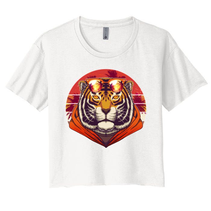 Retro Tropical Palm Tree Hipster Tiger Women's Crop Top Tee