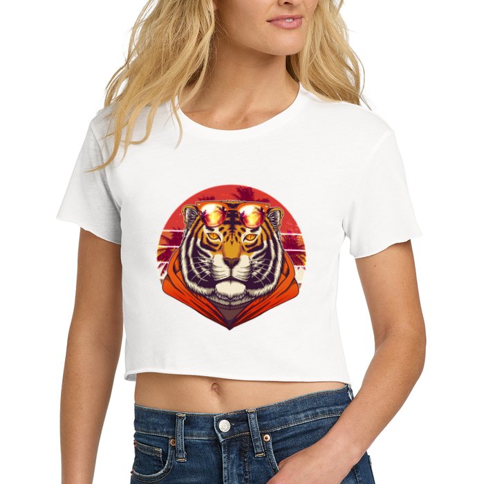 Retro Tropical Palm Tree Hipster Tiger Women's Crop Top Tee