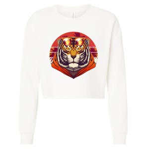 Retro Tropical Palm Tree Hipster Tiger Cropped Pullover Crew