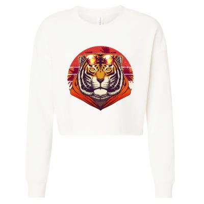 Retro Tropical Palm Tree Hipster Tiger Cropped Pullover Crew