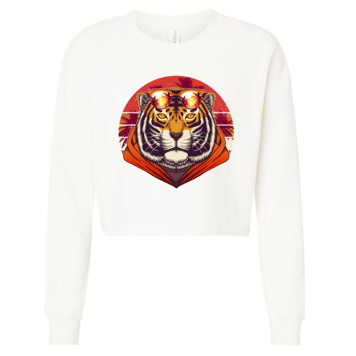 Retro Tropical Palm Tree Hipster Tiger Cropped Pullover Crew