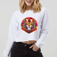 Retro Tropical Palm Tree Hipster Tiger Cropped Pullover Crew