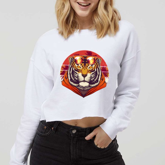 Retro Tropical Palm Tree Hipster Tiger Cropped Pullover Crew