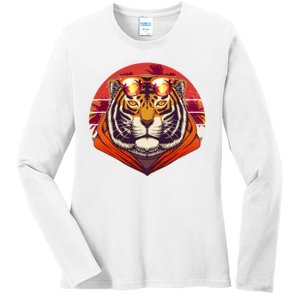 Retro Tropical Palm Tree Hipster Tiger Ladies Long Sleeve Shirt