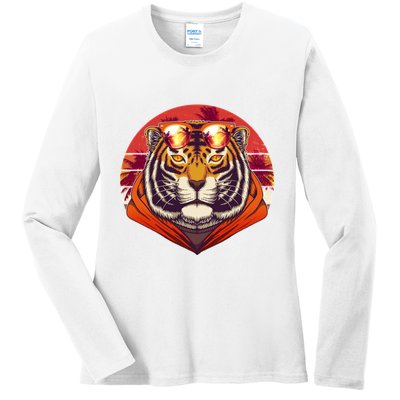 Retro Tropical Palm Tree Hipster Tiger Ladies Long Sleeve Shirt