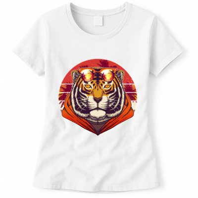 Retro Tropical Palm Tree Hipster Tiger Womens T-Shirt