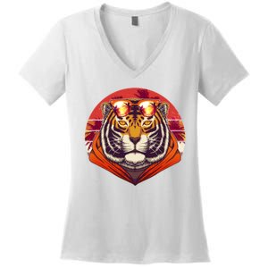 Retro Tropical Palm Tree Hipster Tiger Women's V-Neck T-Shirt