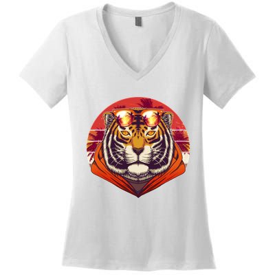Retro Tropical Palm Tree Hipster Tiger Women's V-Neck T-Shirt