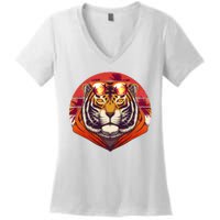 Retro Tropical Palm Tree Hipster Tiger Women's V-Neck T-Shirt