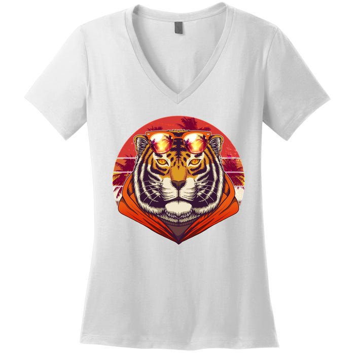 Retro Tropical Palm Tree Hipster Tiger Women's V-Neck T-Shirt