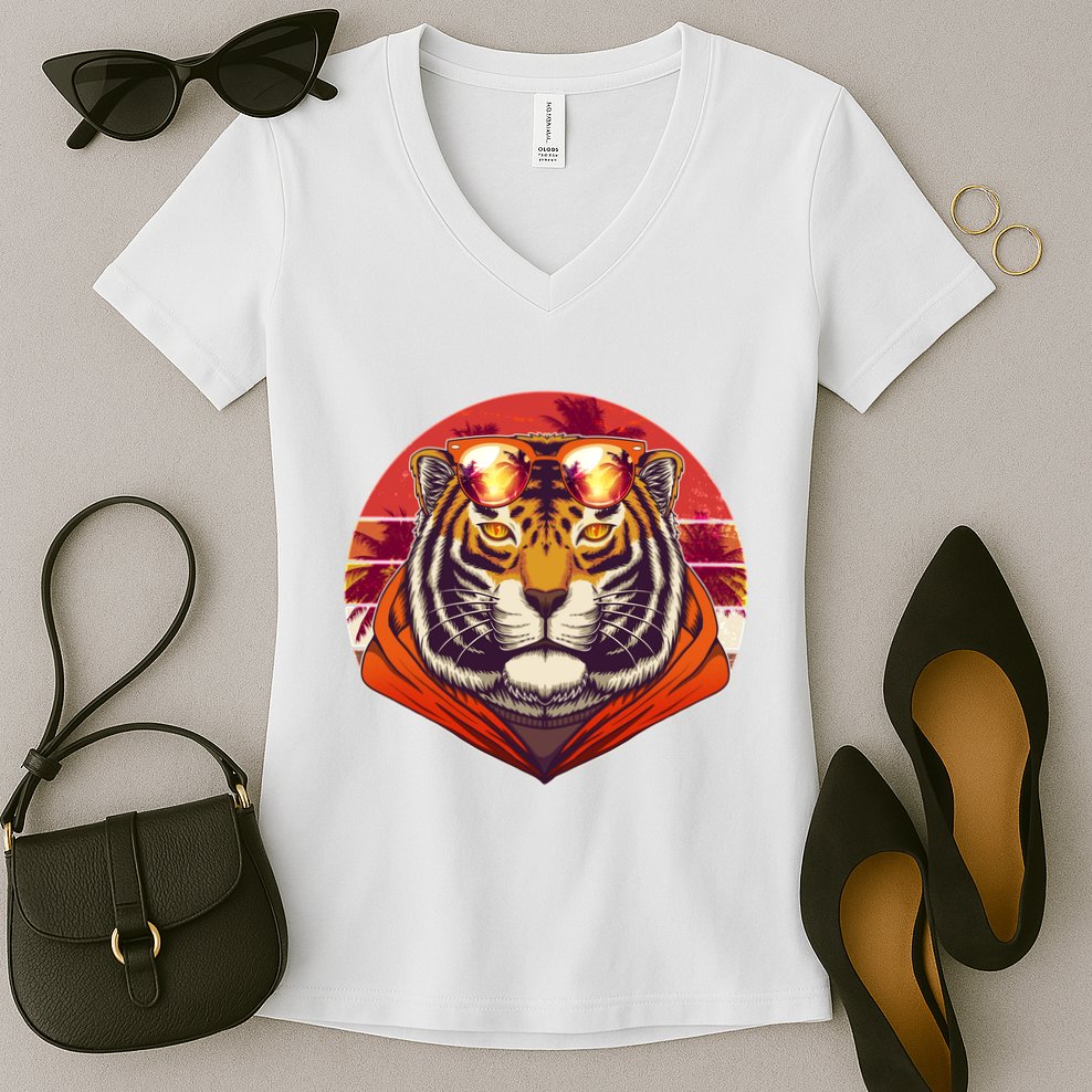 Retro Tropical Palm Tree Hipster Tiger Women's V-Neck T-Shirt