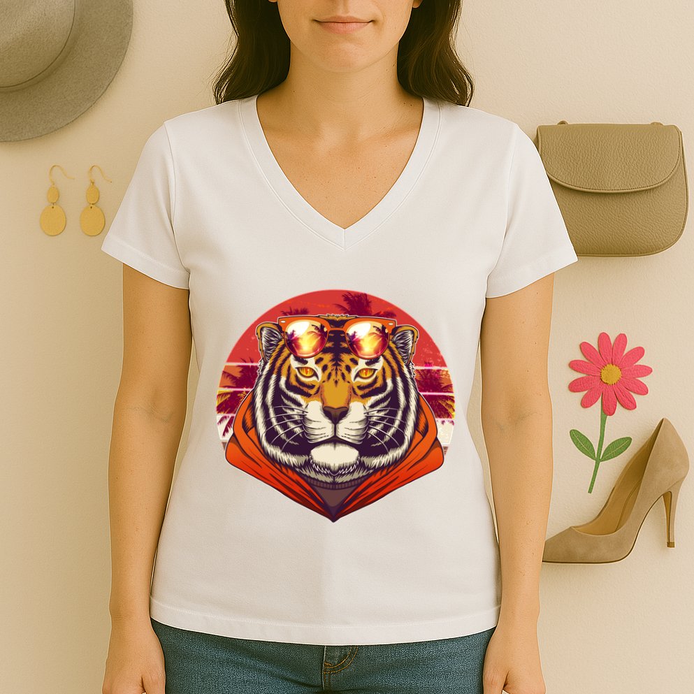 Retro Tropical Palm Tree Hipster Tiger Women's V-Neck T-Shirt