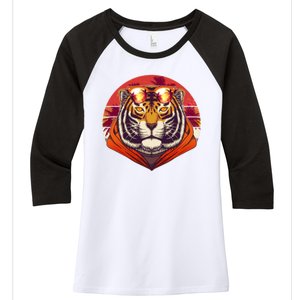 Retro Tropical Palm Tree Hipster Tiger Women's Tri-Blend 3/4-Sleeve Raglan Shirt