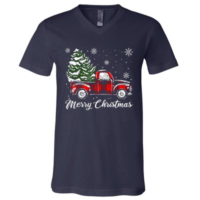 Red Truck Pick Up Christmas Tree Vintage Retro V-Neck T-Shirt