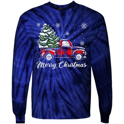 Red Truck Pick Up Christmas Tree Vintage Retro Tie-Dye Long Sleeve Shirt