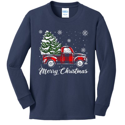 Red Truck Pick Up Christmas Tree Vintage Retro Kids Long Sleeve Shirt