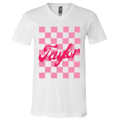 Retro Taylor Personalized Groovy Birthday Girl Design V-Neck T-Shirt