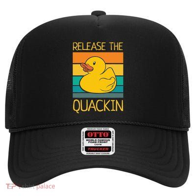 Release The Quackin Quote Funny Rubber Duck Ducklings High Crown Mesh Back Trucker Hat