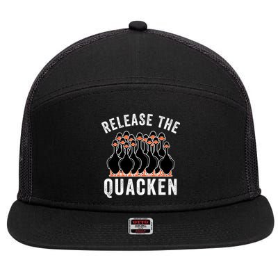 Release The Quacken, Duck Lover, Farmer, Funny Animal Lover 7 Panel Mesh Trucker Snapback Hat