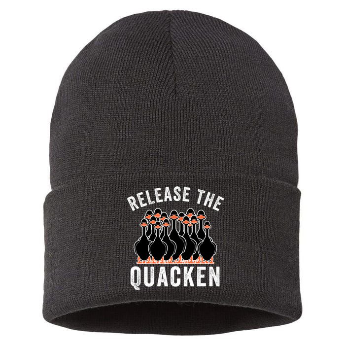 Release The Quacken, Duck Lover, Farmer, Funny Animal Lover Sustainable Knit Beanie