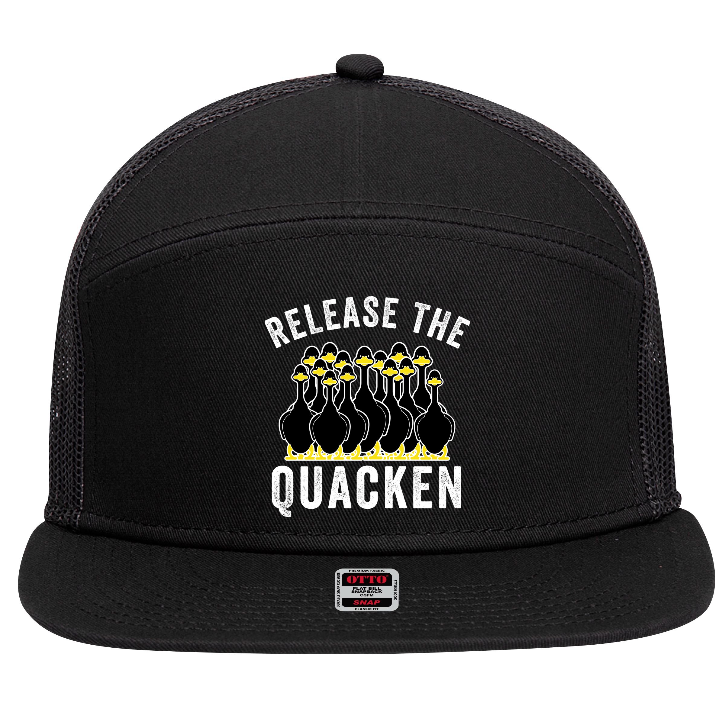 Release The Quacken, Farmer, Duck Lover, Funny Animal Lover 7 Panel Mesh Trucker Snapback Hat