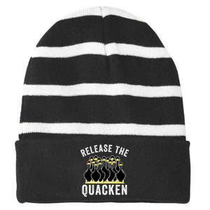 Release The Quacken, Farmer, Duck Lover, Funny Animal Lover Striped Beanie with Solid Band