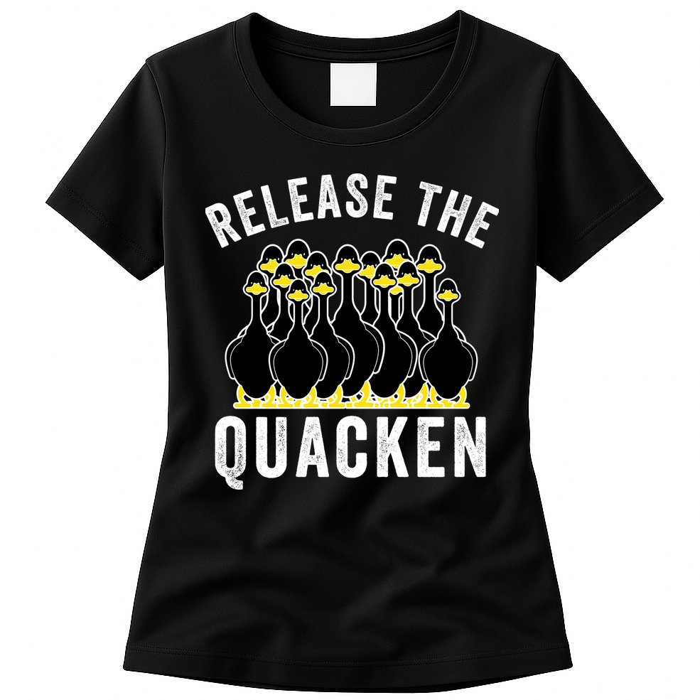 Release The Quacken, Farmer, Duck Lover, Funny Animal Lover Womens T-Shirt