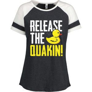 Release The Quackin! Graphic Rubber Duck Funny Enza Ladies Jersey Colorblock Tee