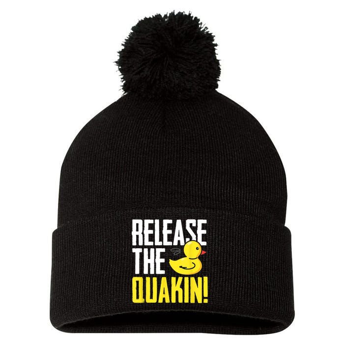 Release The Quackin! Graphic Rubber Duck Pom Pom 12in Knit Beanie