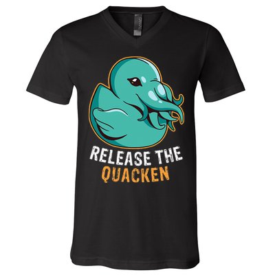 Release the Quacken a Funny Kraken Duck V-Neck T-Shirt