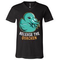 Release the Quacken a Funny Kraken Duck V-Neck T-Shirt