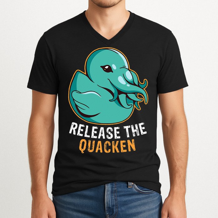 Release the Quacken a Funny Kraken Duck V-Neck T-Shirt