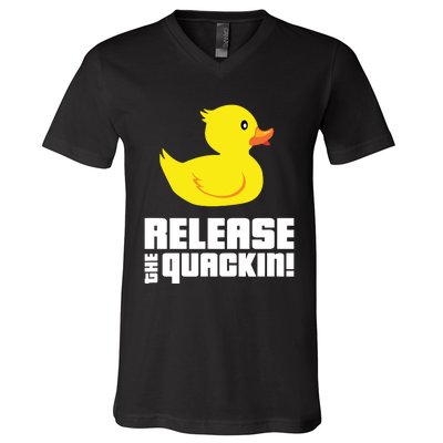 Release The Quackin! Funny Yellow Rubber Ducks Design V-Neck T-Shirt