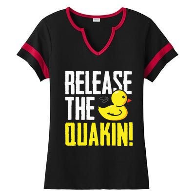 Release The Quackin! Graphic Rubber Duck Funny Ladies Halftime Notch Neck Tee