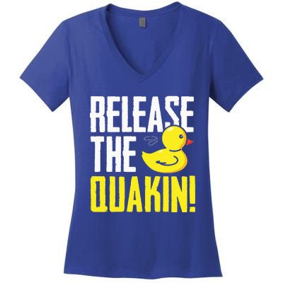 Release The Quackin! Graphic Rubber Duck Funny Women's V-Neck T-Shirt