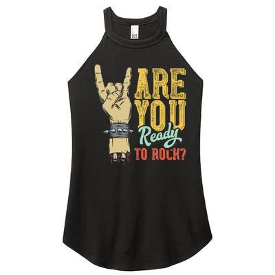 Ready To Rock? Vintage Rock Music Design With Hand Rock Sign Women’s Perfect Tri Rocker Tank