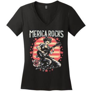 Rosie The Riveter 4th of July Country Rock Music Funny Women's V-Neck T-Shirt