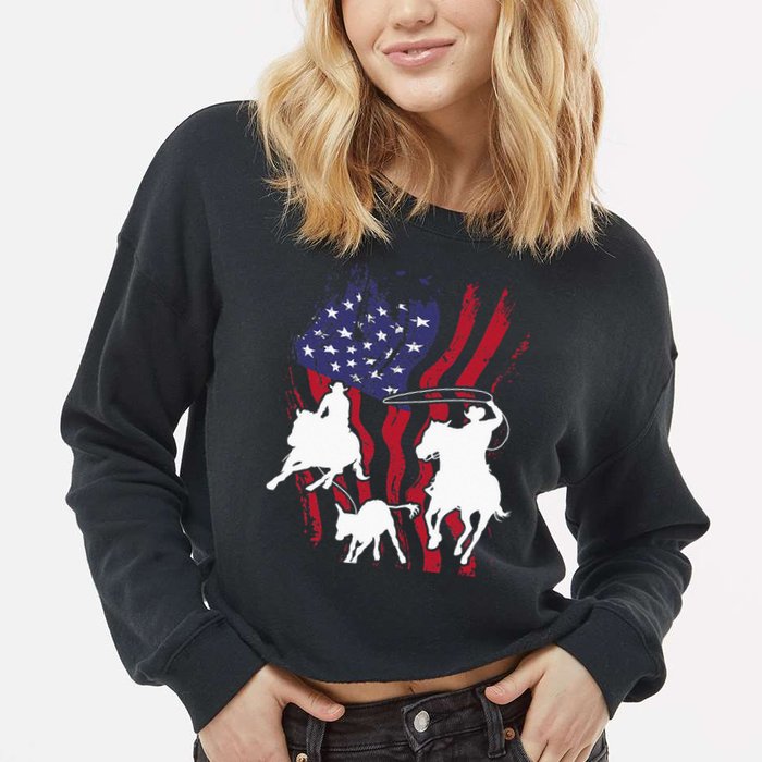 Rodeo Team Roping Horse Riding Equestrian Header Heeler Cropped Pullover Crew
