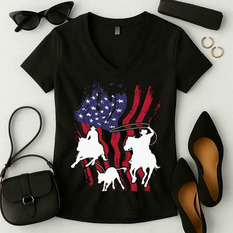 Rodeo Team Roping Horse Riding Equestrian Header Heeler Women's V-Neck T-Shirt