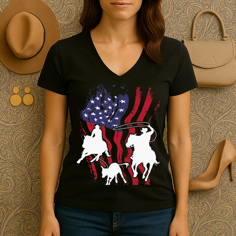 Rodeo Team Roping Horse Riding Equestrian Header Heeler Women's V-Neck T-Shirt
