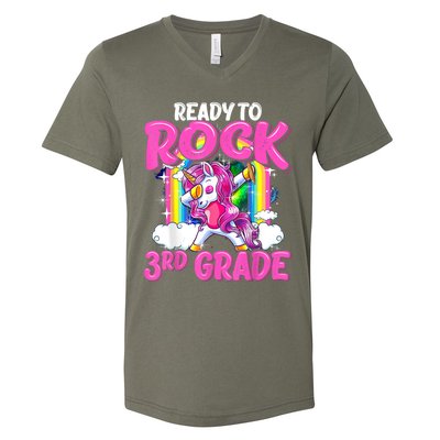 Ready To Rock 3rd Grade Dabbing Unicorn Back To School Girl V-Neck T-Shirt