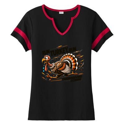 Run Turkey Run! Funny Thanksgiving Escape Running Costume Gift Ladies Halftime Notch Neck Tee