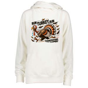 Run Turkey Run! Funny Thanksgiving Escape Running Costume Gift Womens Funnel Neck Pullover Hood