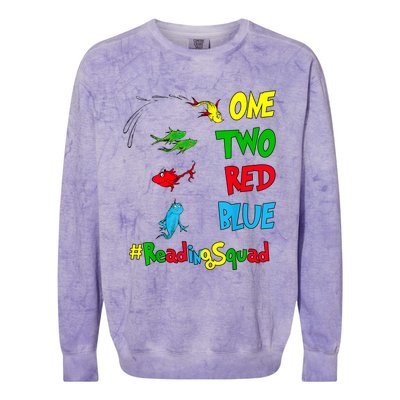 Reading Teacher Squad Oh The Places One Two Red Blue Fish Colorblast Crewneck Sweatshirt