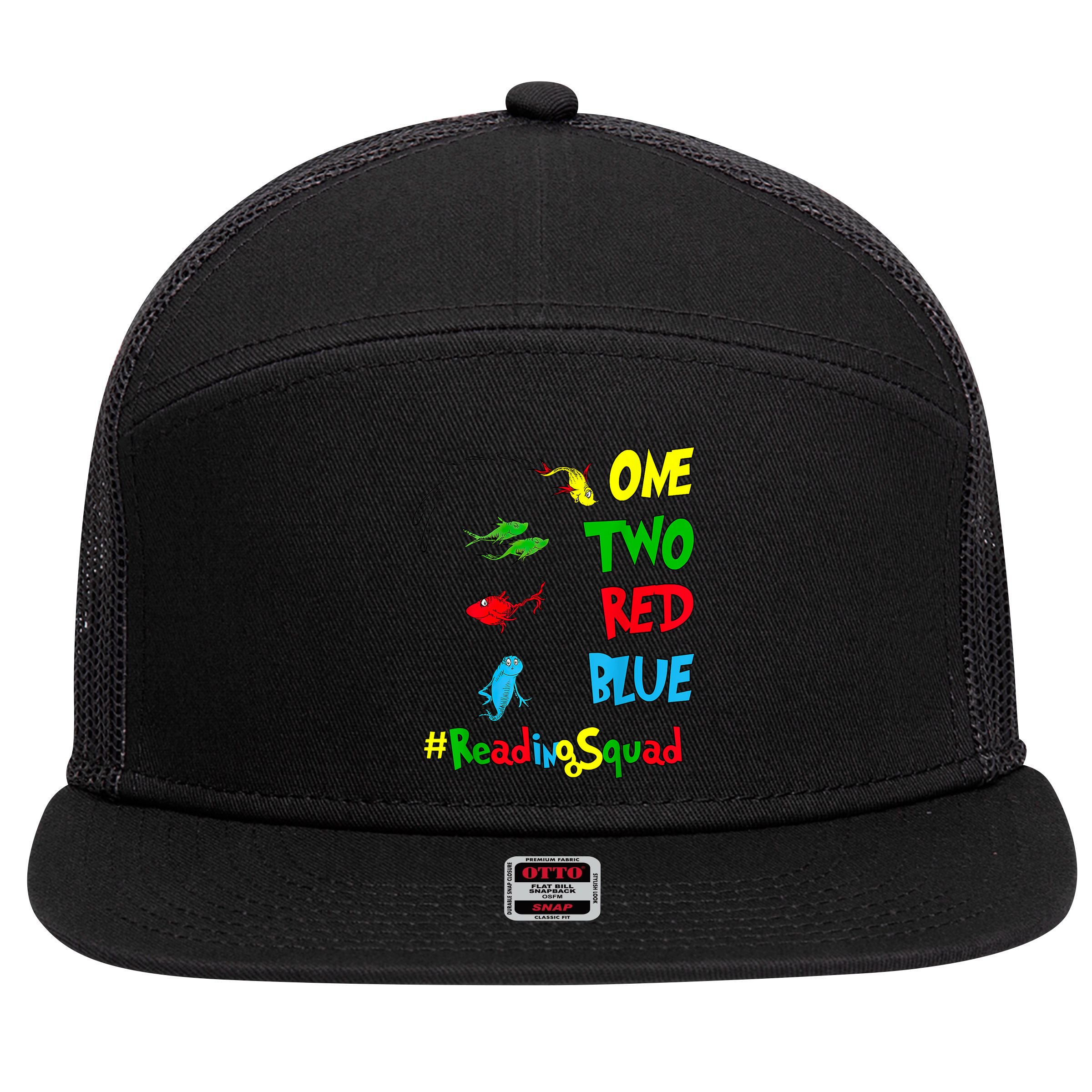 Reading Teacher Squad Oh The Places One Two Red Blue Fish 7 Panel Mesh Trucker Snapback Hat